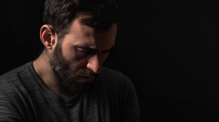 Man with beard gazing downwards, deep in thought.