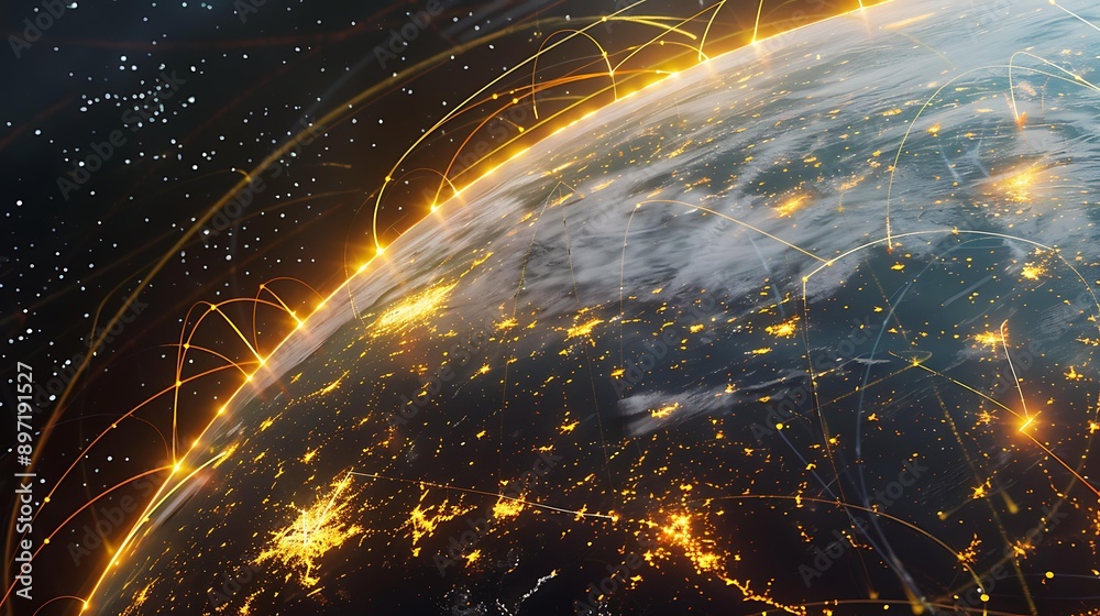 Poster a digital rendering of a planet with a glowing surface, illuminated by a web of yellow lines connect