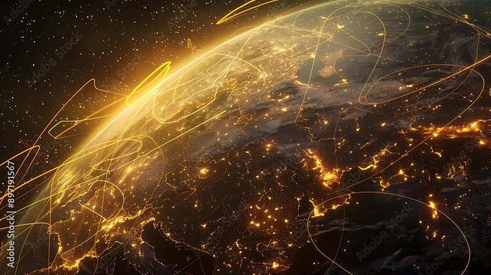 Poster a digital rendering of a planet with a glowing surface, illuminated by a web of yellow lines connect