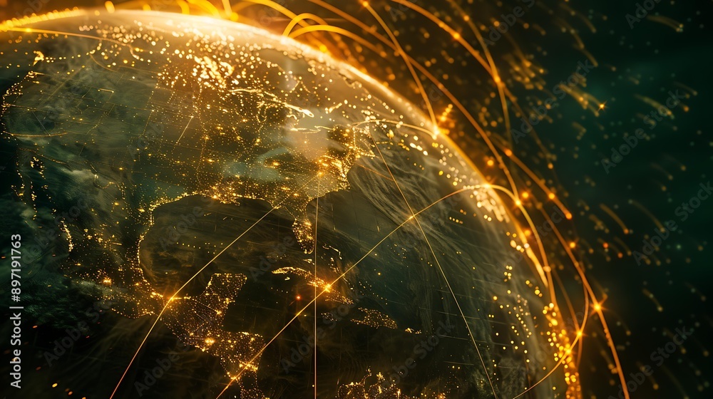 Poster a digital rendering of a planet with a glowing surface, illuminated by a web of yellow lines connect