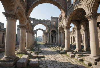 Obraz premium Ruins of an ancient Roman city with crumbling arches and columns. 