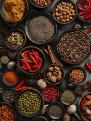 Colorful spices in wooden bowls for cooking.