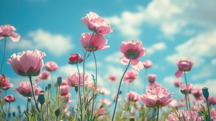 Obraz premium Blooming pink poppies against a blue sky background