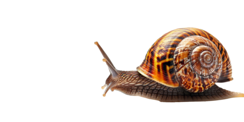 A small brown and tan snail is crawling across a white background
