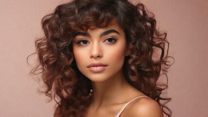 Fototapeta premium Studio portrait of gorgeous female model with fresh glowy skin and voluminous well defined healthy curly hair