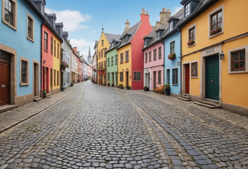 Fototapeta premium Charming cobblestone street winding through a historic town with colorful buildings. 