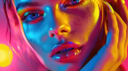 Glittering makeup, vibrant colors and a model with a futuristic look in this digital art portrait.