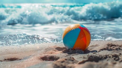 Obraz premium 12 Close-up of a beach ball lying on the sand Ocean waves crashing in the background