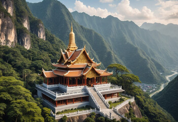  Peaceful Buddhist temple nestled amongst serene mountains in Southeast Asia. 