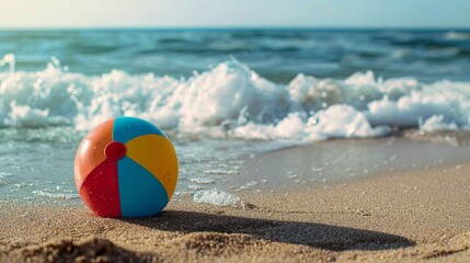 12 Close-up of a beach ball lying on the sand Ocean waves crashing in the background