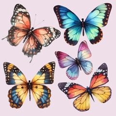 set with a variety of bright butterflies in a watercolor style
