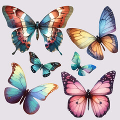 set with a variety of bright butterflies in a watercolor style