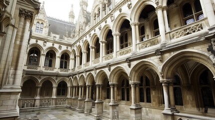 Obraz premium Gothic-inspired architectural courtyard with ornate arched walkways and stone carvings in a historic building.