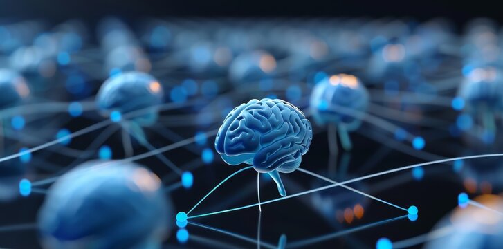 A network of glowing brain cells connected by blue data lines