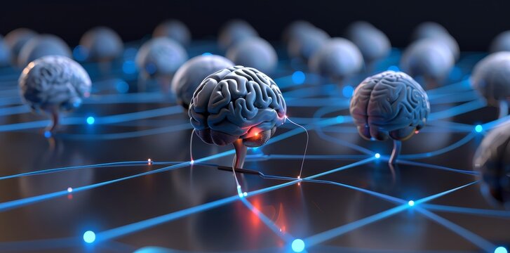 A network of glowing brain cells connected by blue data lines