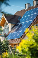 Solar panels on a house roof, highlighting clean energy solutionsStock market chart with upward trend, representing economic growth