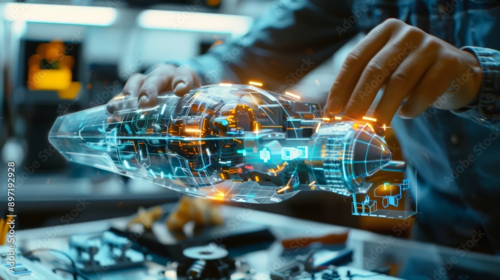Poster engineer working on a holographic model of a futuristic machine. high-tech engineering and innovatio