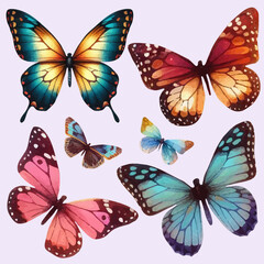 set with a variety of bright butterflies in a watercolor style