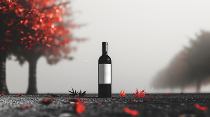 Wine bottle | centered | scattered autumn leaves | blurred trees background | minimalistic design | white label | soft bokeh effect | misty atmosphere | serene and tranquil setting | elegant presentat
