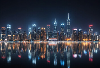  Vibrant panorama of a city skyline illuminated at night with twinkling lights. 
