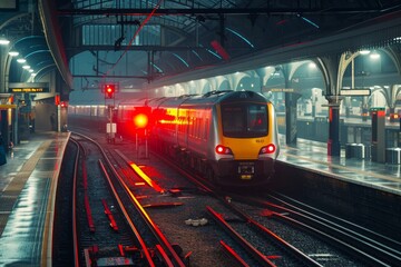 Fototapeta premium A train is seen traveling down the train tracks next to a train station, Electric trains in a busy railway station, AI Generated