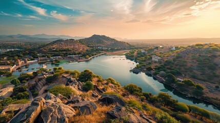Stunning view of nag pahar lake, aravalli hills, and ancient ruins at sunset near udaipur, rajasthan, india