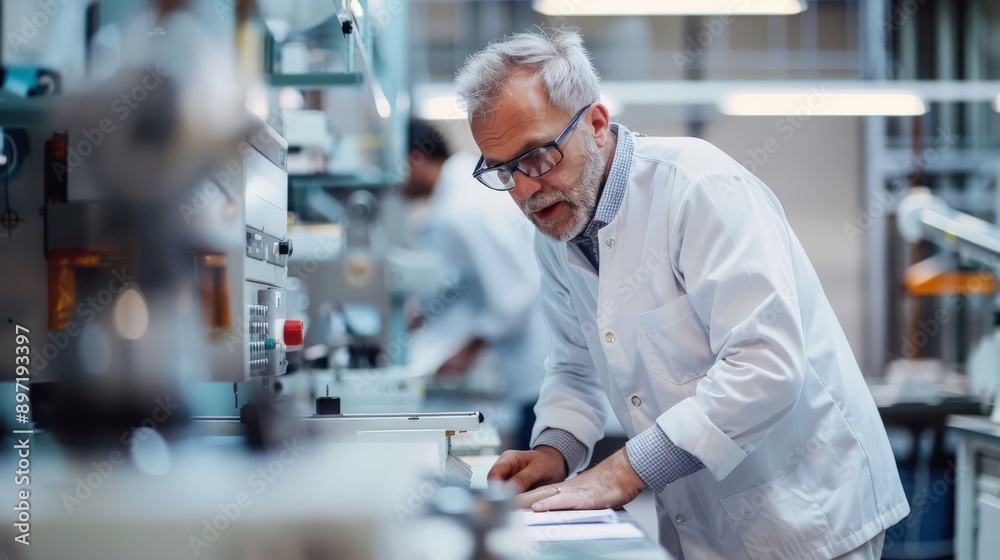 Poster Engineer in a white lab coat working on a high-tech machine in a laboratory. Advanced engineering and technological innovation concept.