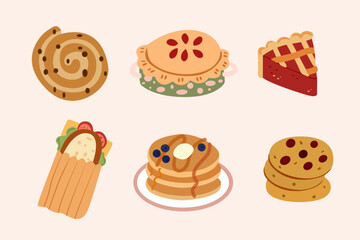 Autumn set of vector hand-drawn food icons. Autumn cozy goodies sticker. Cinnabon with chocolate, apple pie, cookies, slice of berry pie, vegetable sandwich and pancakes