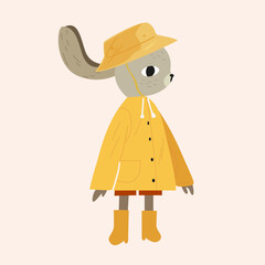 Autumn season clothes set and flat cute gray rabbit in autumn clothes. Clothing and items for rainy weather. Rubber boots, raincoat, panama, umbrella and animal