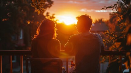 A couple watching the sunrise from their balcony, peaceful morning