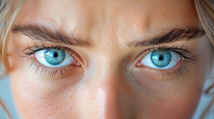 Obraz premium Piercing Gaze of Frustration: A close-up of a woman with icy blue eyes conveying a powerful mix of frustration, skepticism, and determination. 