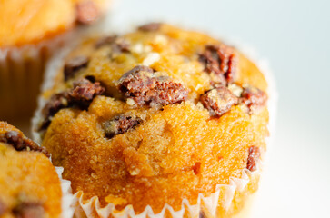 A close up of a muffin with chocolate chips on top
