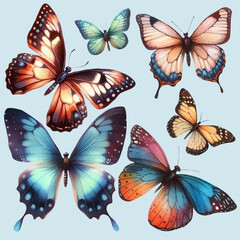 set with a variety of bright butterflies in a watercolor style