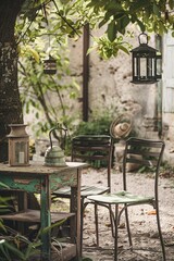 Rustic garden seating area with vintage lanterns and greenery