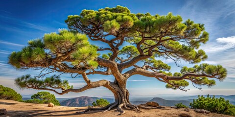 Detailed very rare Torrey pine tree with twisted trunk, branches, long needles on background , Torrey pine