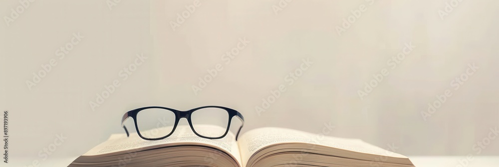 Poster eyeglasses sit on an open book against a simple, light background. generative ai