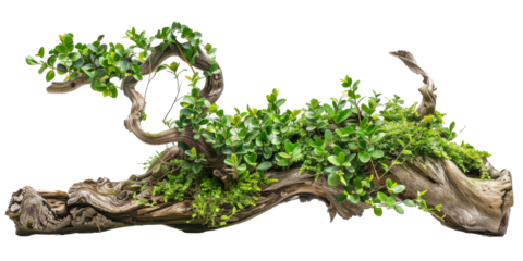 A large branch with green leaves and moss growing on it