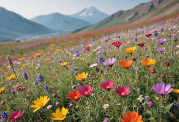  Macro shot of colorful wildflowers blooming in a field with a blurred mountain background. 