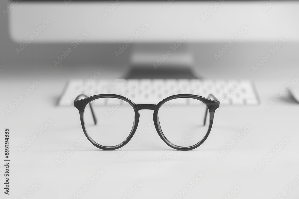 Poster black eyeglasses sit on a desk in front of a computer monitor and keyboard. generative ai