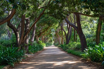 Fototapeta premium A dirt road cutting through a lush landscape filled with trees and plants, creating a serene and natural setting, Elegant tree alley featuring diverse species in a botanical park, AI Generated