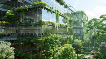 Eco-friendly glass office featuring sustainable building with green environment and trees. Green environment in city