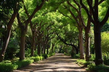 A dirt road cuts through a dense forest of plentiful trees, creating a picturesque scene, Elegant tree alley featuring diverse species in a botanical park, AI Generated