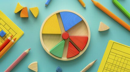 Creative Сolorful math fractions and abacus on dark background. Interesting funny math for kids. Education, back to school concept. Geometry and mathematics materials. Flat lay, top view