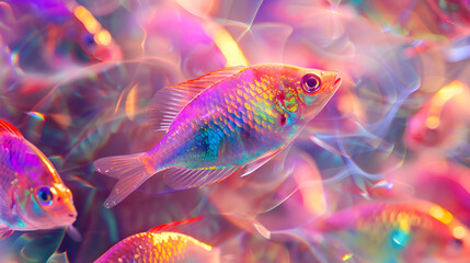 Tropical background Group of colorful fish swimming in vibrant, colorful water