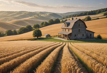  Rustic farmhouse nestled amongst rolling hills with fields of golden wheat swaying. 
