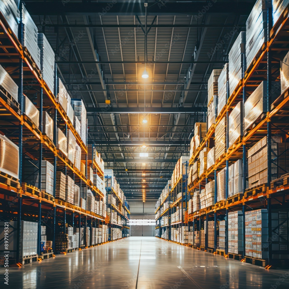 Wall mural logistics warehouse featuring pallet racks for packaging products, demonstrating an organized setup 