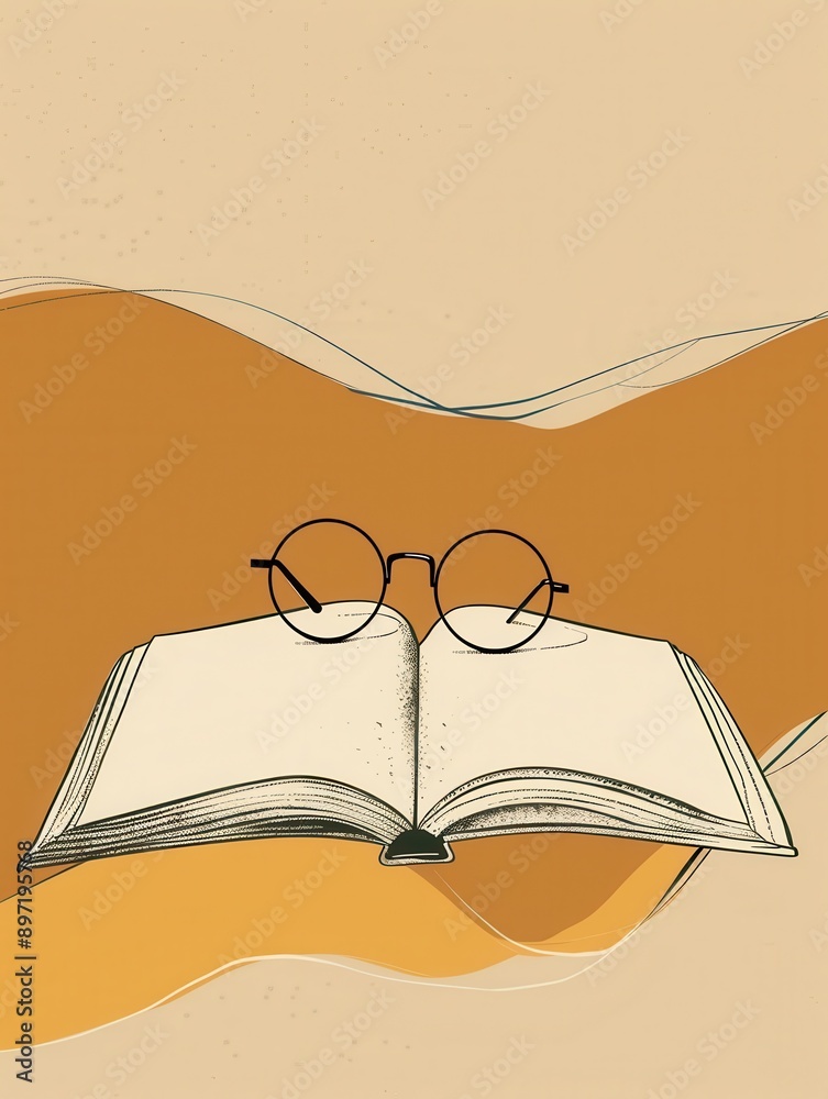 Aufkleber An open book rests on a minimalist background of curved lines, with a pair of eyeglasses resting on top of it. Generative AI