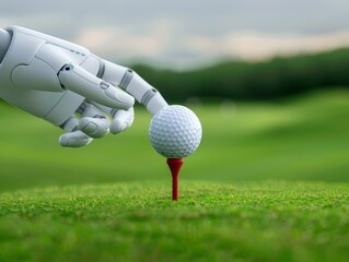 A robot hand holding a golf ball on a red tee,