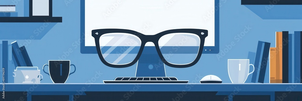Fototapete A modern and clean office desk with a computer monitor and eyeglasses resting on top. Generative AI