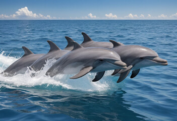 Fototapeta premium A playful pod of dolphins swimming alongside a boat in a crystal-clear ocean. 